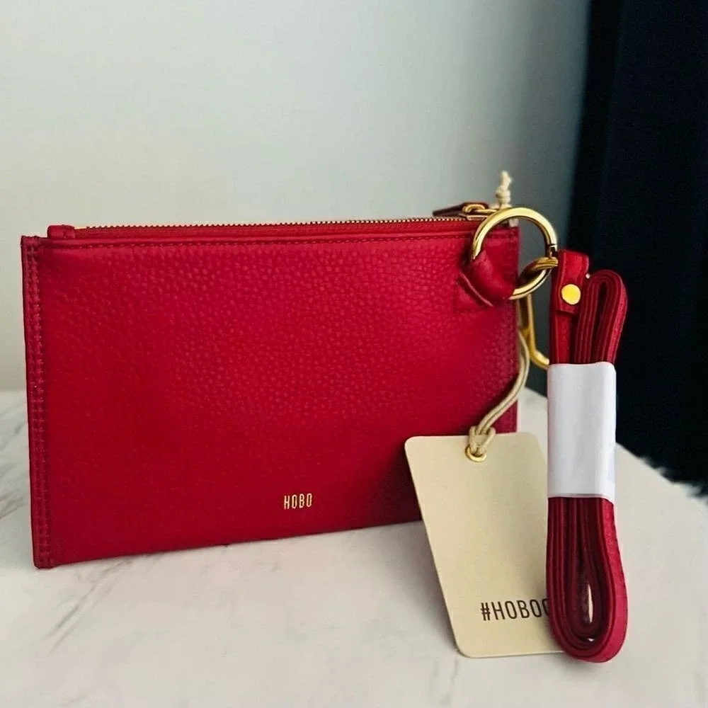 HOBO GO Tour Leather‎ Zip Pouch Bag, Wristlet, with Lanyard, Red/Gold, NWT